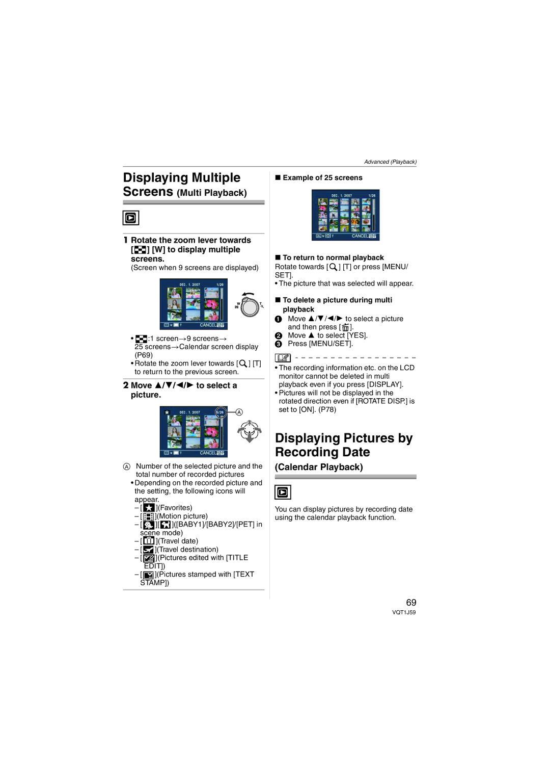 Panasonic DMC-FX55 Displaying Multiple, Displaying Pictures by Recording Date, Move 3/4/2/1 to select a picture 