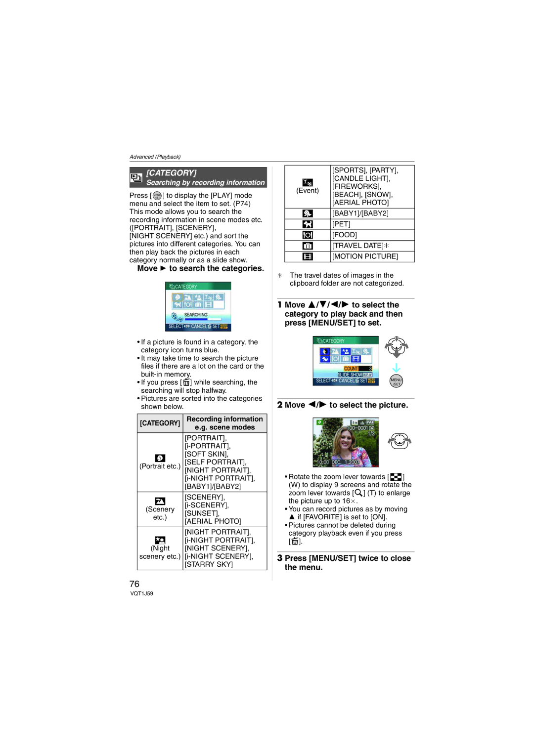 Panasonic DMC-FX55 Category, Move 1 to search the categories, Press MENU/SET twice to close the menu, Scene modes 