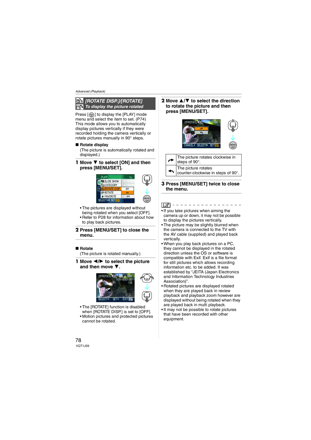 Panasonic DMC-FX55 Rotate DISP./ROTATE, Move 2/1 to select the picture and then move, To display the picture rotated 