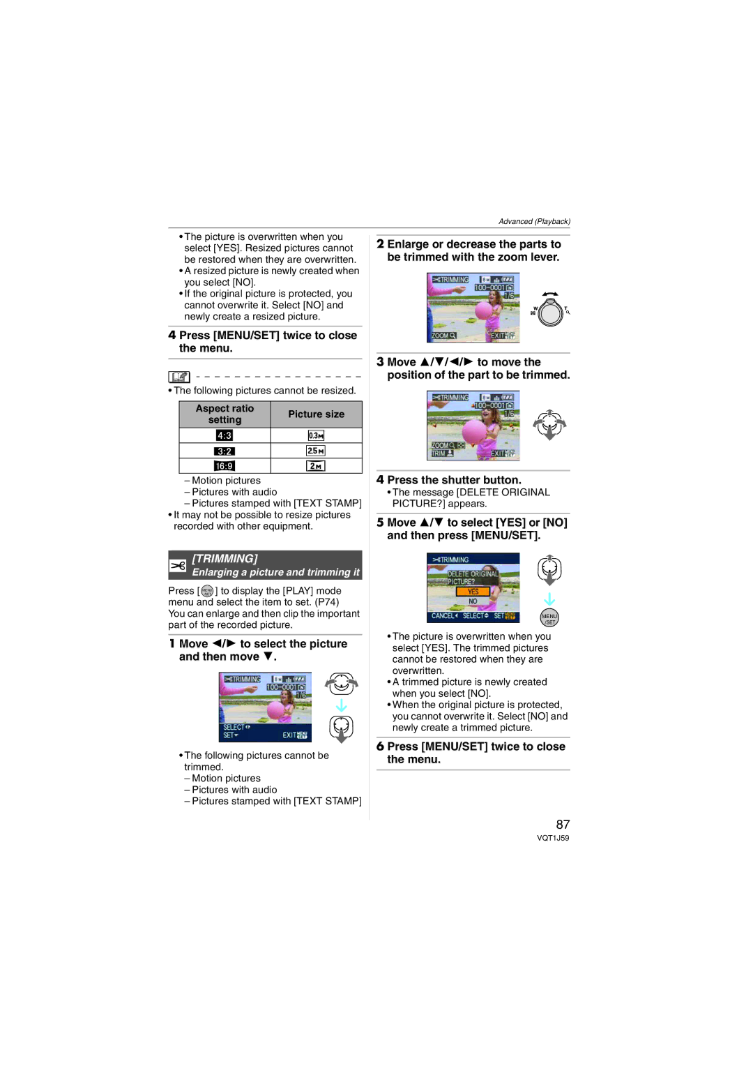 Panasonic DMC-FX55 operating instructions Trimming, Following pictures cannot be resized 