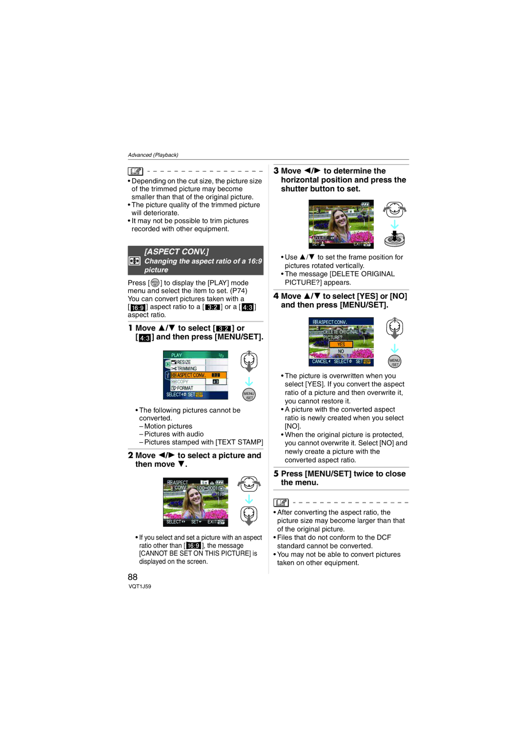 Panasonic DMC-FX55 Aspect Conv, Move 3/4 to select or Then press MENU/SET, Changing the aspect ratio of a 169 picture 