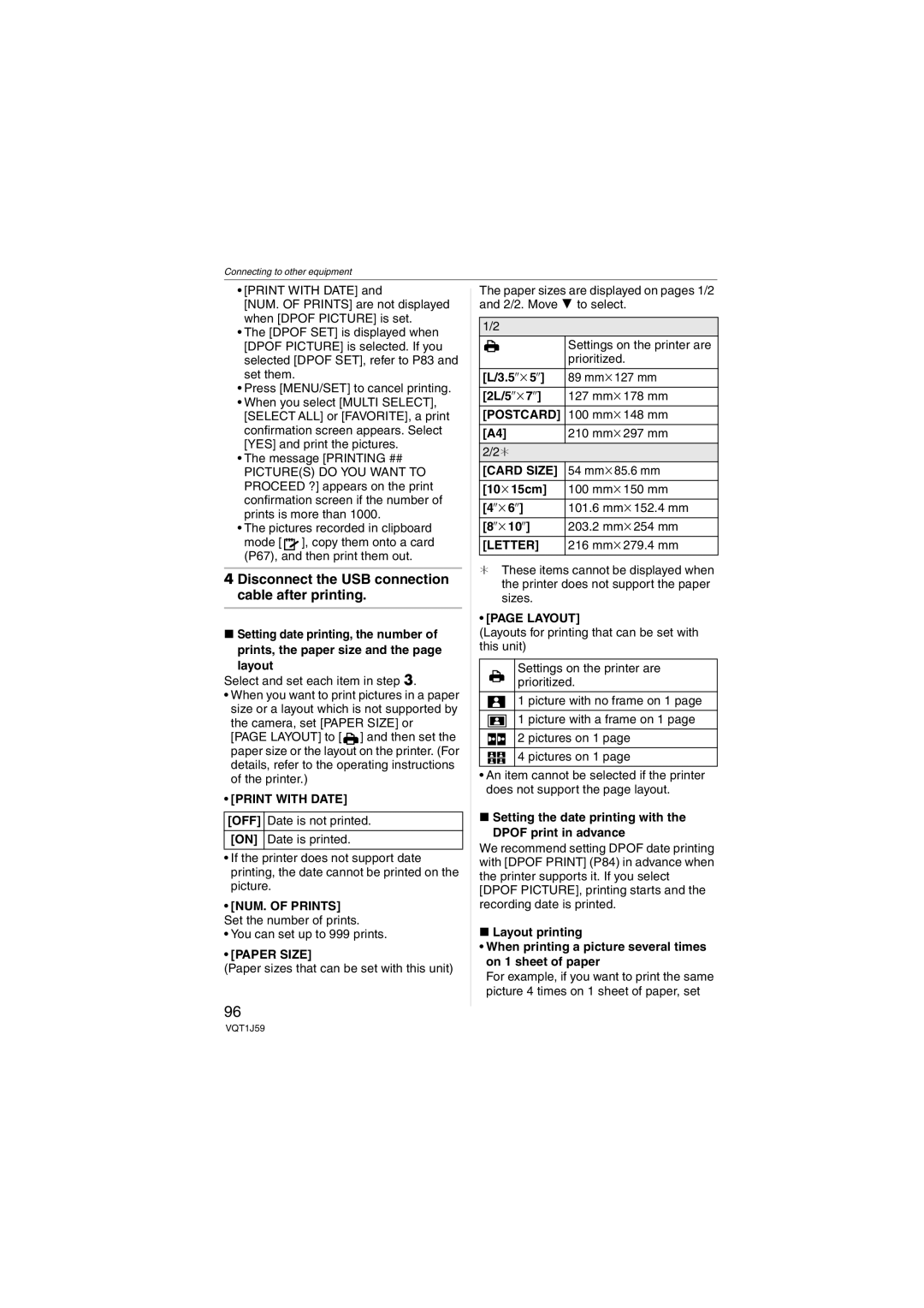 Panasonic DMC-FX55 Print with Date OFF, NUM. of Prints, Paper Size, Postcard, Card Size, Letter, Layout 