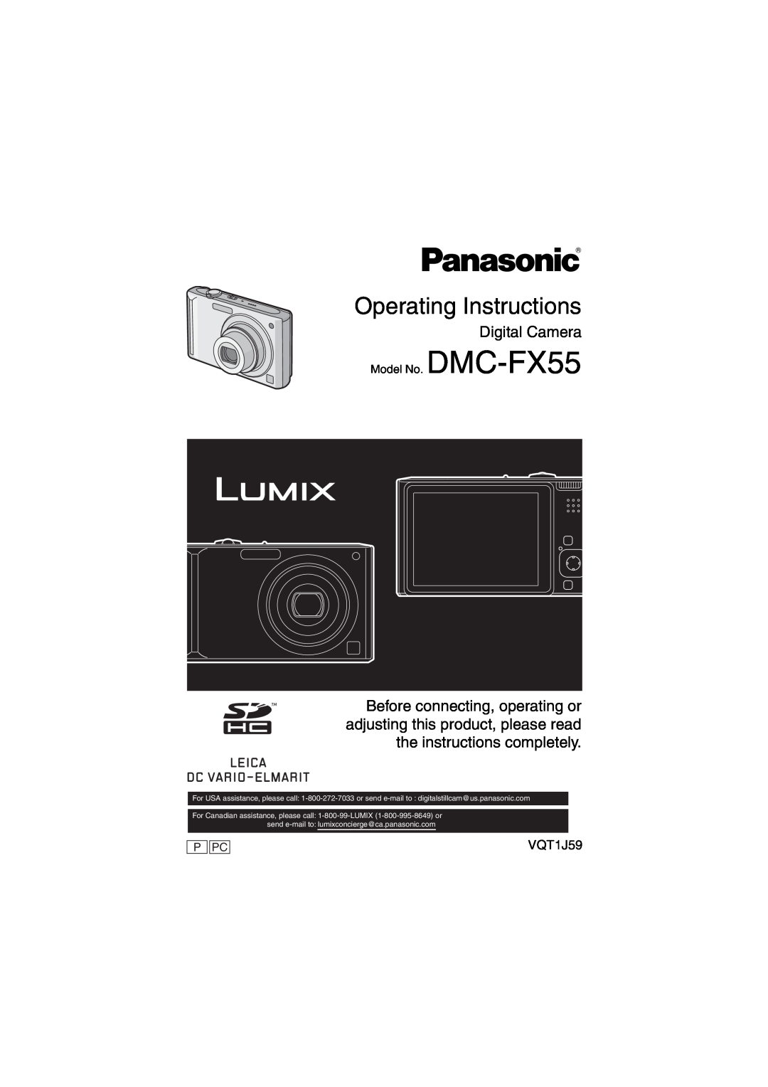 Panasonic DMC-FX55 operating instructions Digital Camera, VQT1J59, Operating Instructions 