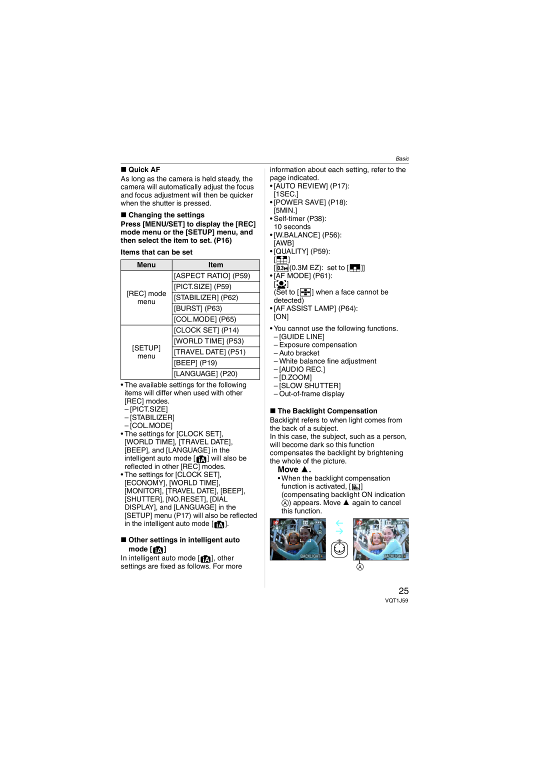 Panasonic DMC-FX55 operating instructions Move, ∫ Quick AF, ∫ Changing the settings, Items that can be set, Menu 