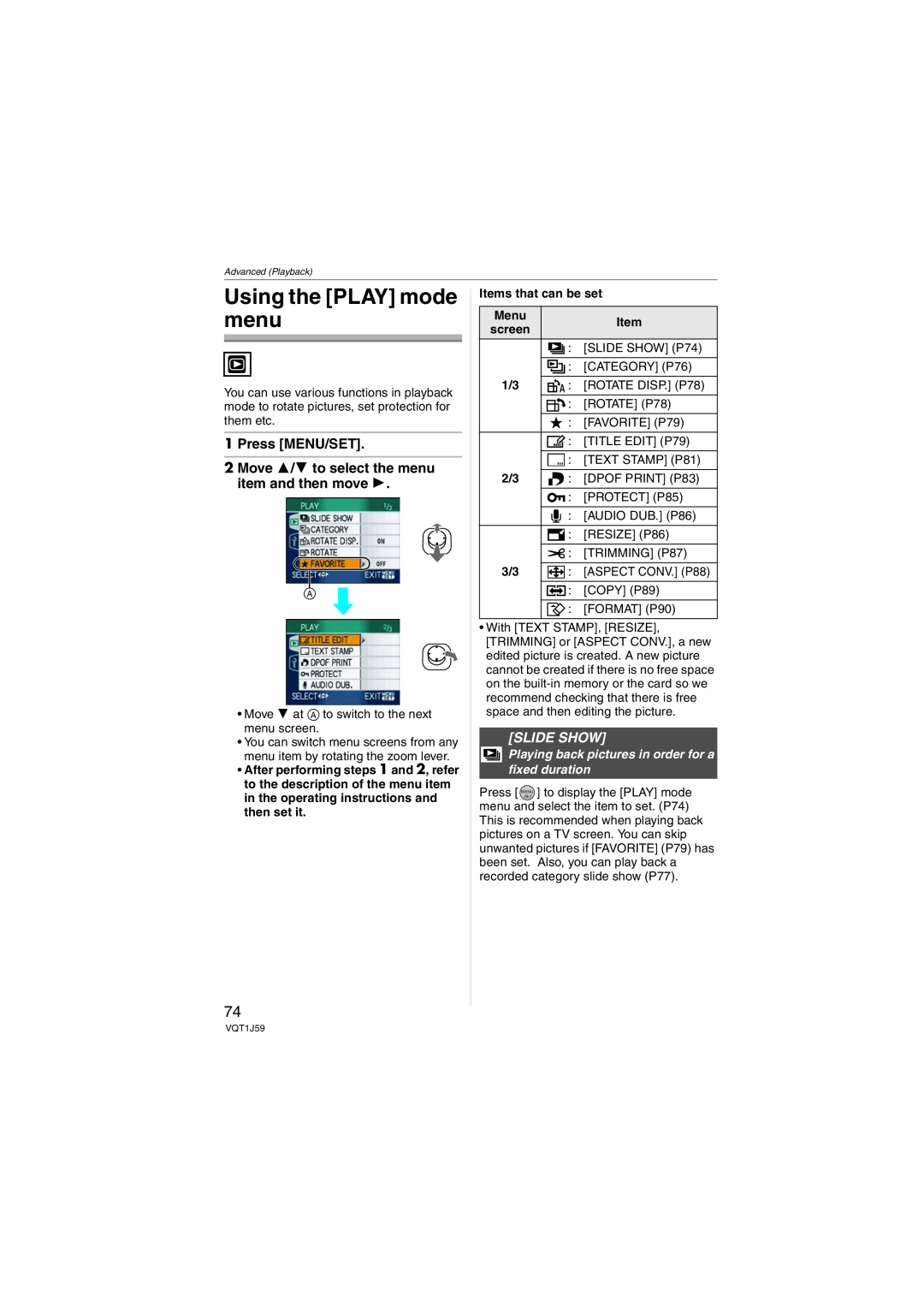 Panasonic DMC-FX55 Using the PLAY mode menu, Press MENU/SET 2 Move 3/4 to select the menu item and then move, Slide Show 