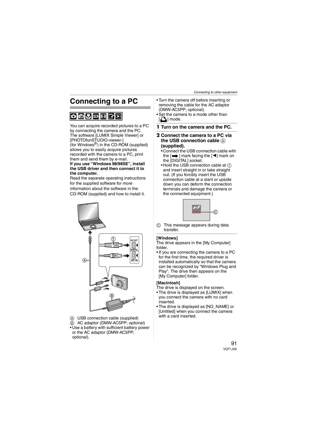 Panasonic DMC-FX55 operating instructions Connecting to a PC, Turn on the camera and the PC, Windows, Macintosh 