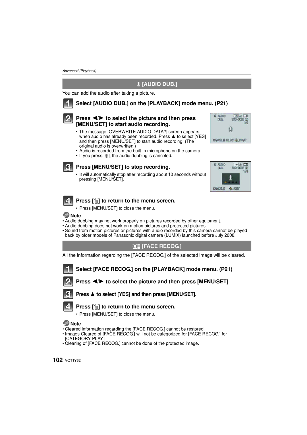 Panasonic DMC-FX580 Audio DUB, Press MENU/SET to stop recording, Face Recog, You can add the audio after taking a picture 