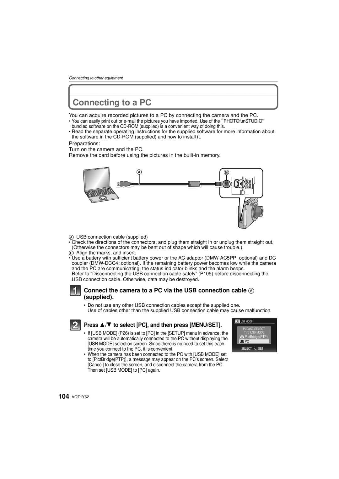 Panasonic DMC-FX580 Connecting to a PC, Press 3/4 to select PC, and then press MENU/SET, USB connection cable supplied 