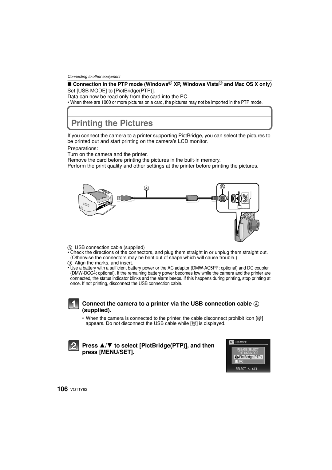 Panasonic DMC-FX580, DMCFX580S Printing the Pictures, Press 3/4 to select PictBridgePTP, and then press MENU/SET 