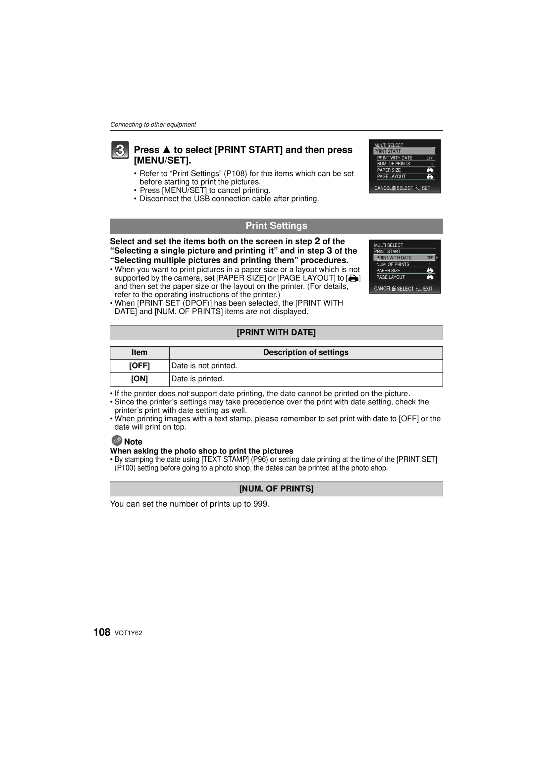 Panasonic DMC-FX580, DMCFX580S Print Settings, Print with Date, NUM. of Prints, You can set the number of prints up to 