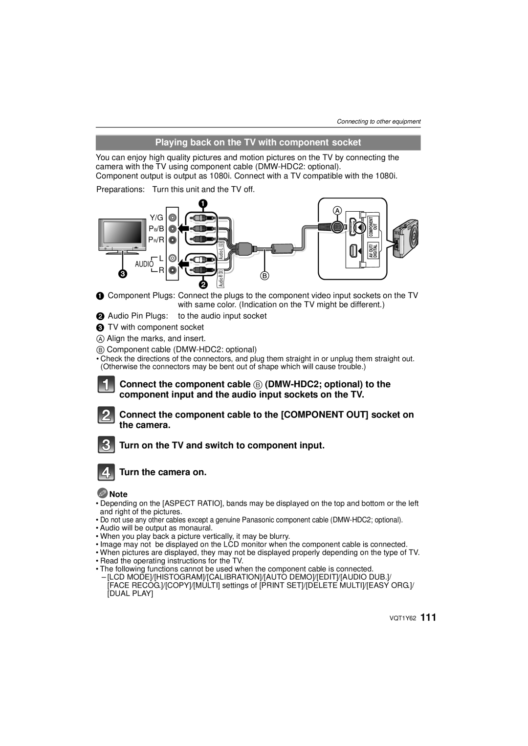 Panasonic DMCFX580S, DMC-FX580 operating instructions Playing back on the TV with component socket,  R 