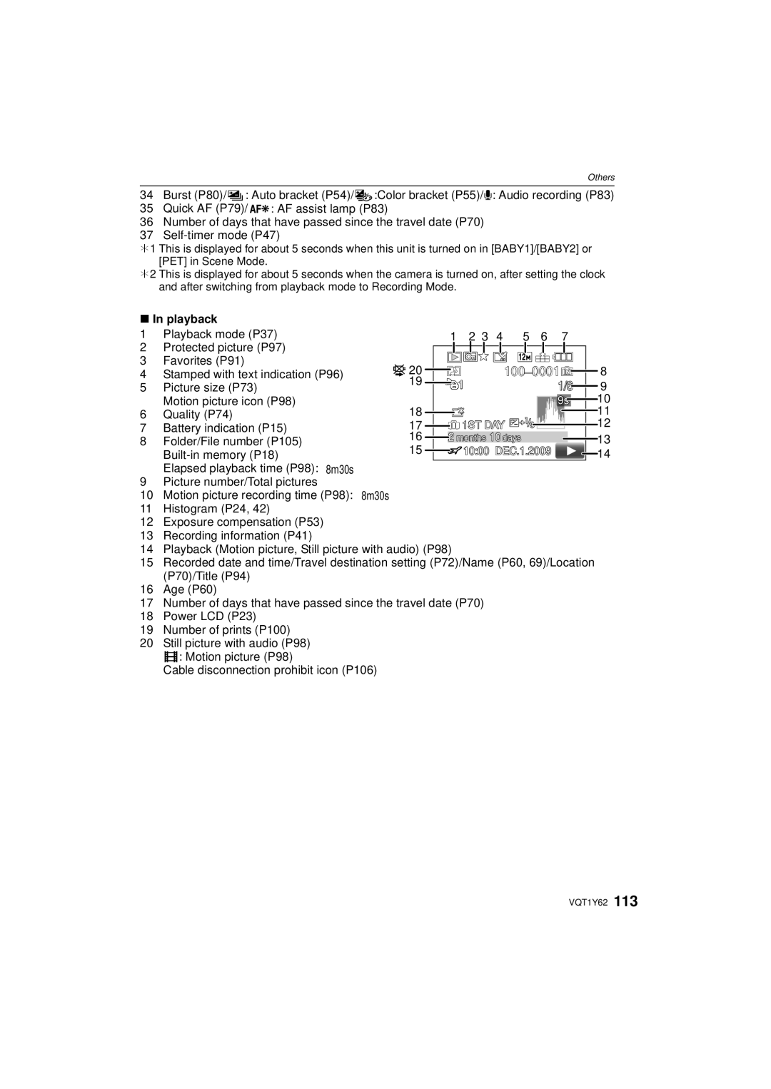 Panasonic DMCFX580S, DMC-FX580 Playback mode P37 Protected picture P97 Favorites P91, Folder/File number P105 