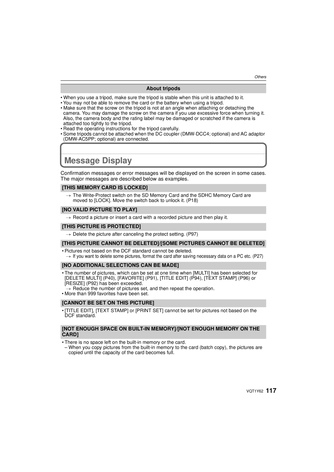 Panasonic DMCFX580S, DMC-FX580 operating instructions Message Display 