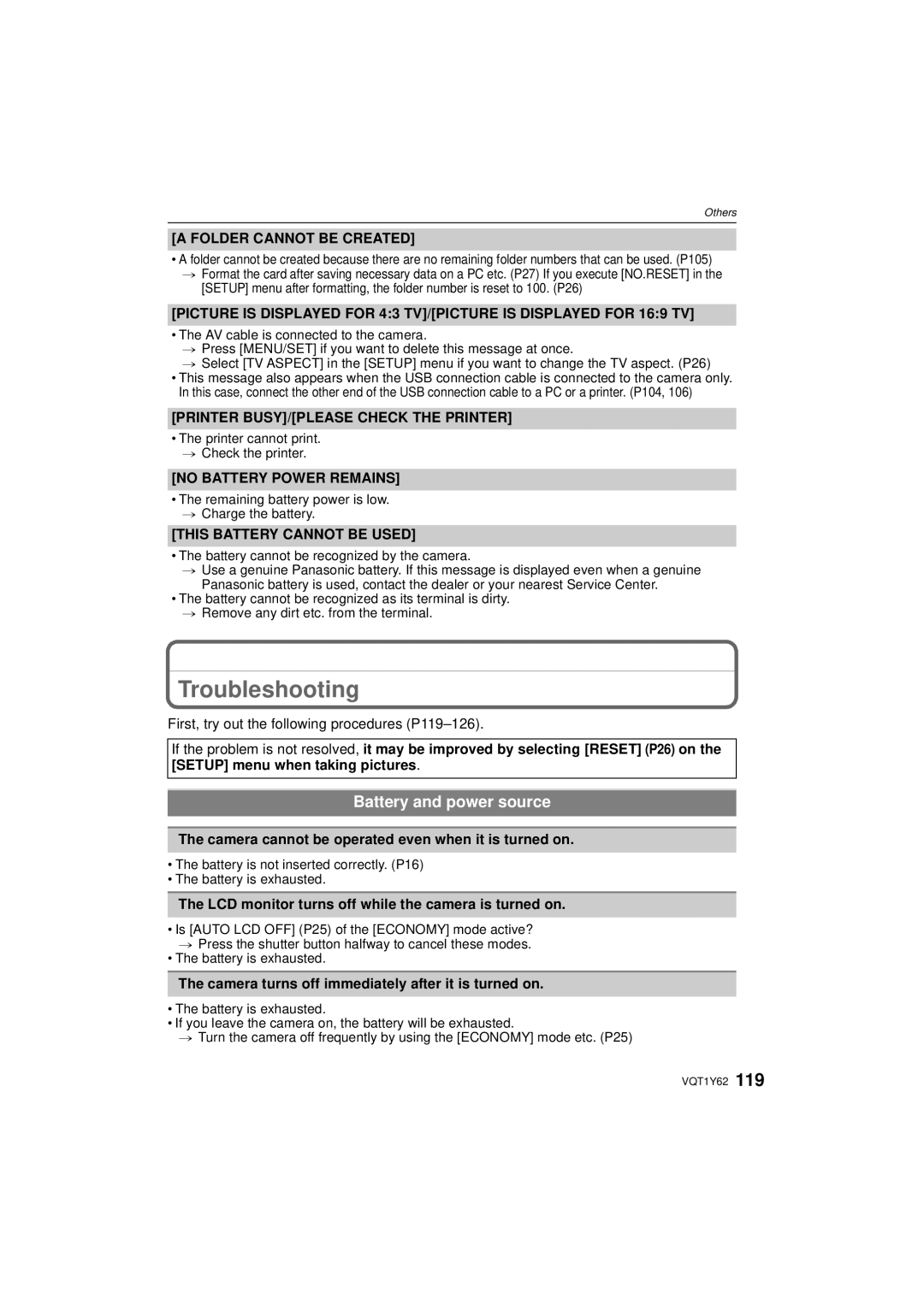 Panasonic DMCFX580S, DMC-FX580 operating instructions Troubleshooting, Battery and power source 