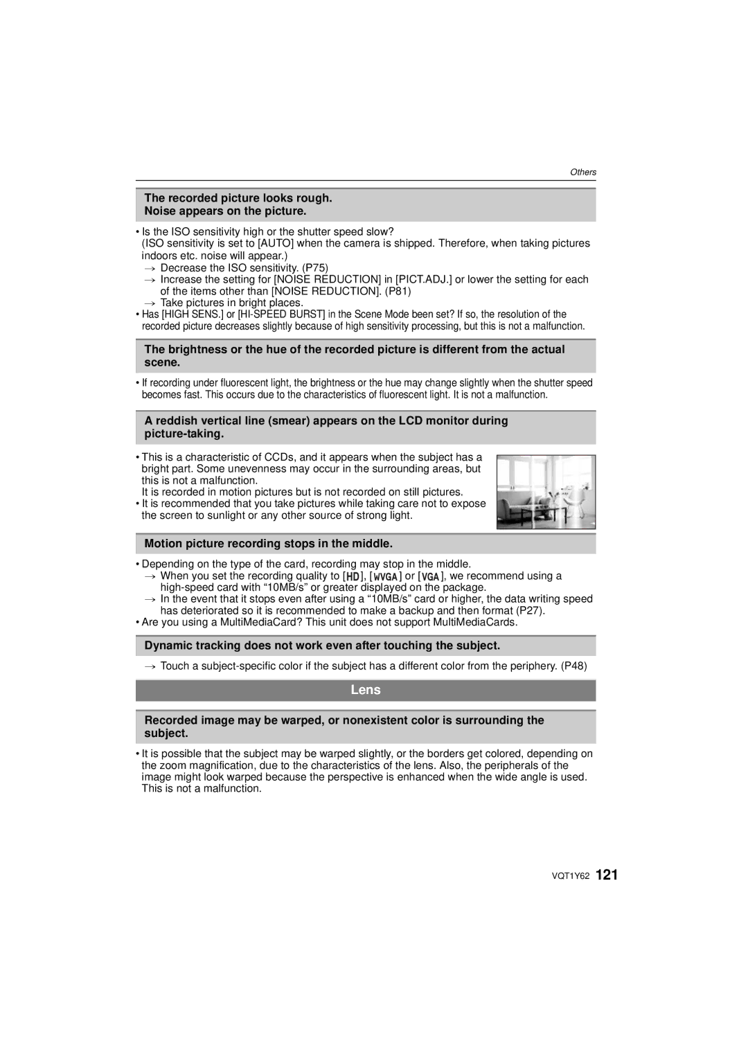 Panasonic DMCFX580S, DMC-FX580 operating instructions Lens, Recorded picture looks rough Noise appears on the picture 