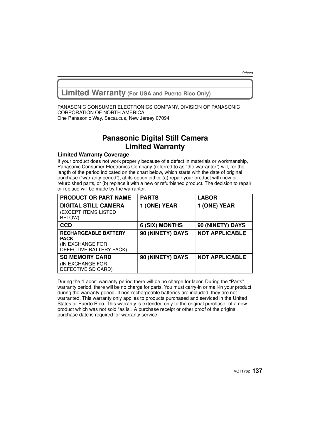 Panasonic DMCFX580S, DMC-FX580 Limited Warranty Coverage, Except Items Listed Below, Rechargeable Battery 