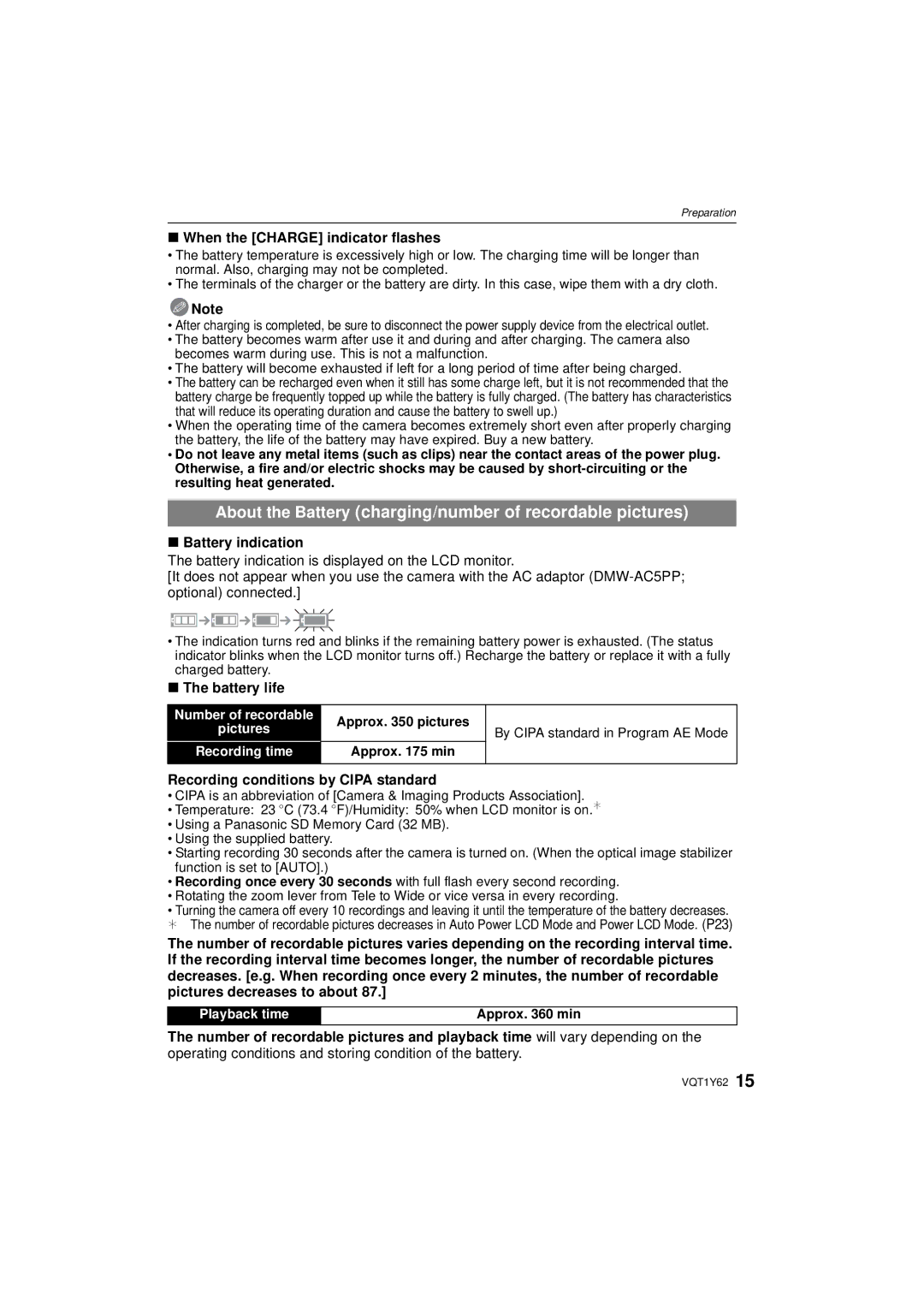 Panasonic DMCFX580S, DMC-FX580 When the Charge indicator flashes, Battery indication, Battery life, Approx min 