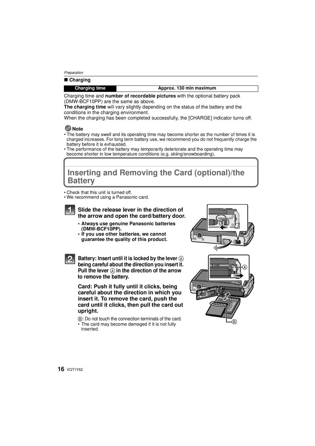 Panasonic DMC-FX580, DMCFX580S Inserting and Removing the Card optional/the Battery, Approx min maximum 