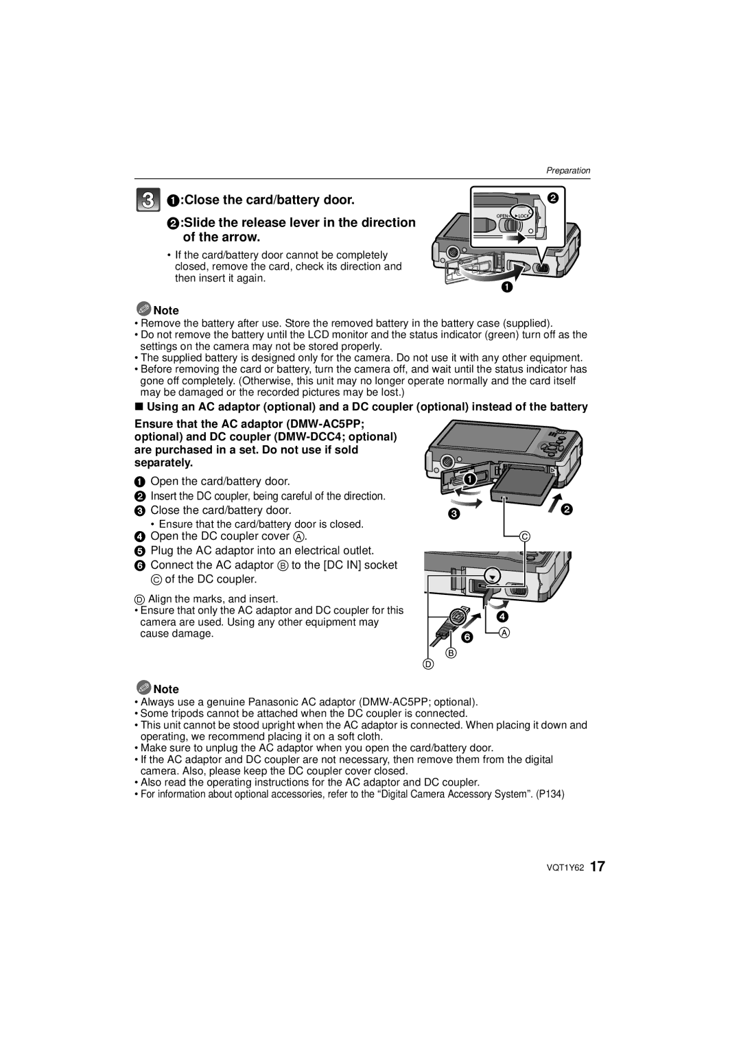 Panasonic DMCFX580S, DMC-FX580 operating instructions Ensure that the card/battery door is closed 