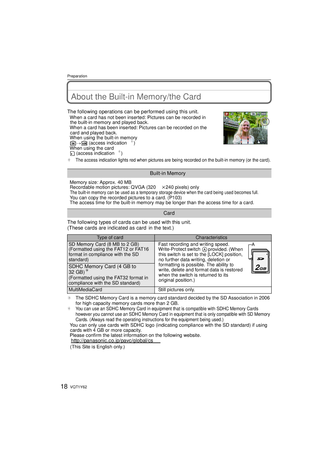 Panasonic DMC-FX580, DMCFX580S operating instructions About the Built-in Memory/the Card, Sdhc Memory Card 4 GB to, 32 GB ¢ 