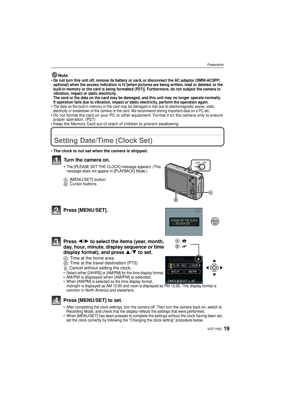 Panasonic DMCFX580S, DMC-FX580 Setting Date/Time Clock Set, Turn the camera on, Press MENU/SET to set 