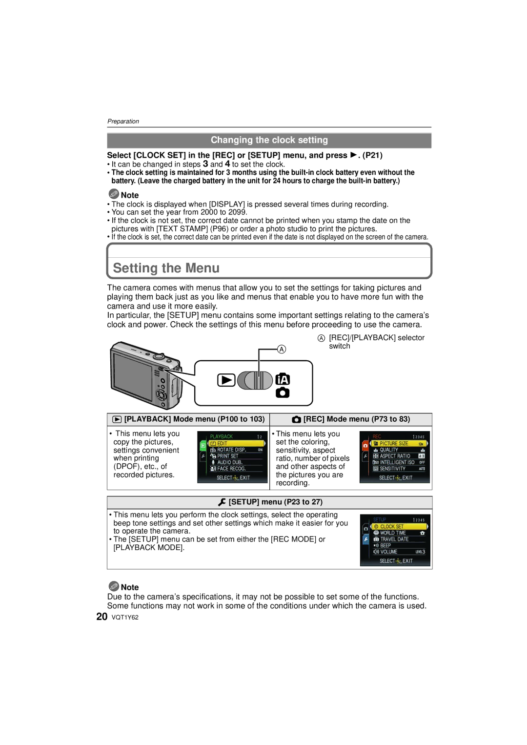 Panasonic DMC-FX580 Setting the Menu, Changing the clock setting, Playback Mode menu P100 to REC Mode menu P73 to 