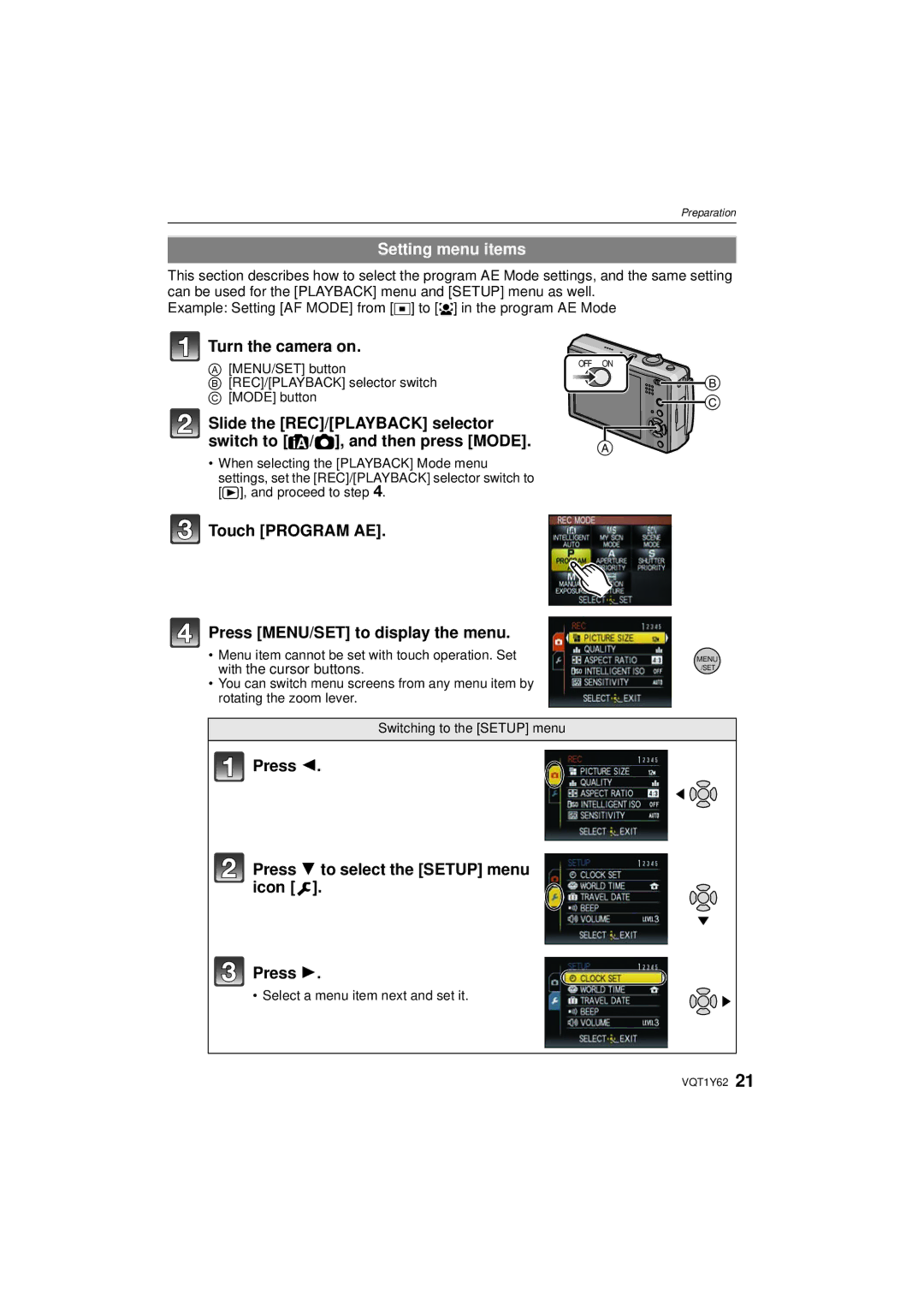 Panasonic DMCFX580S, DMC-FX580 Setting menu items, Touch Program AE Press MENU/SET to display the menu, MENU/SET button 