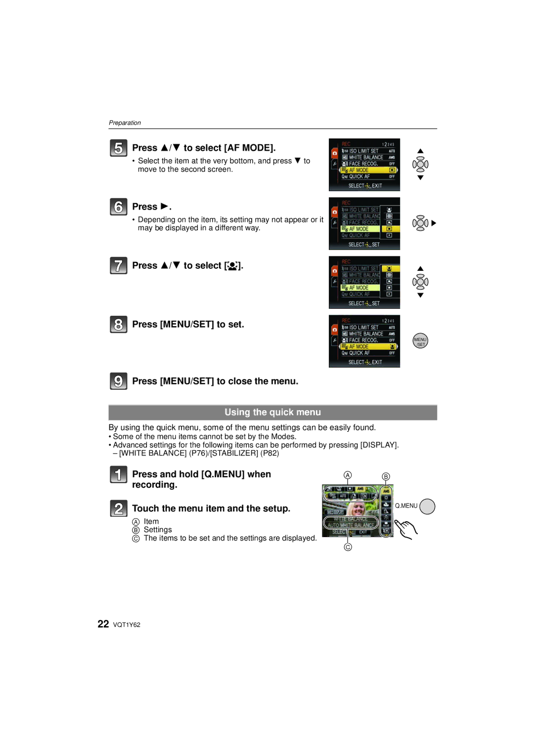 Panasonic DMC-FX580 Press 3/4 to select AF Mode, Press 3/4 to select š Press MENU/SET to set, Using the quick menu 