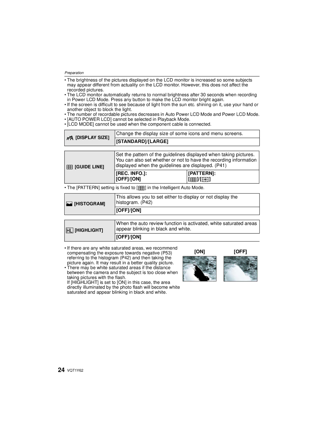 Panasonic DMC-FX580 Change the display size of some icons and menu screens, Standard/Large, REC. Info Pattern, Off/On 