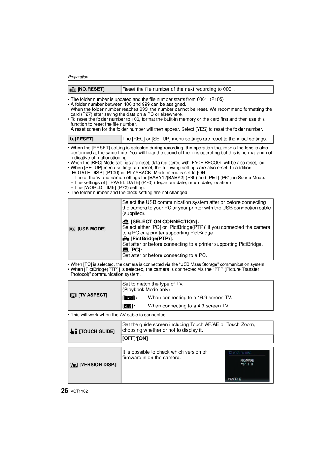 Panasonic DMC-FX580, DMCFX580S operating instructions No.Reset, USB Mode, Select on Connection, PictBridgePTP, Off/On 