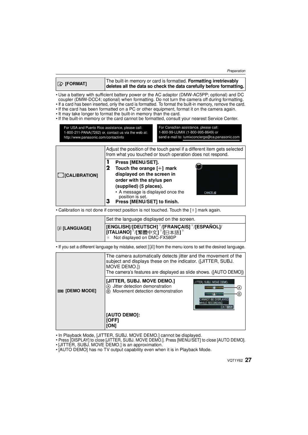 Panasonic DMCFX580S Press MENU/SET to finish, English/Deutsch¢/Français¢/Español/ Italiano¢/繁體中文¢/¢¢, Auto Demo OFF 