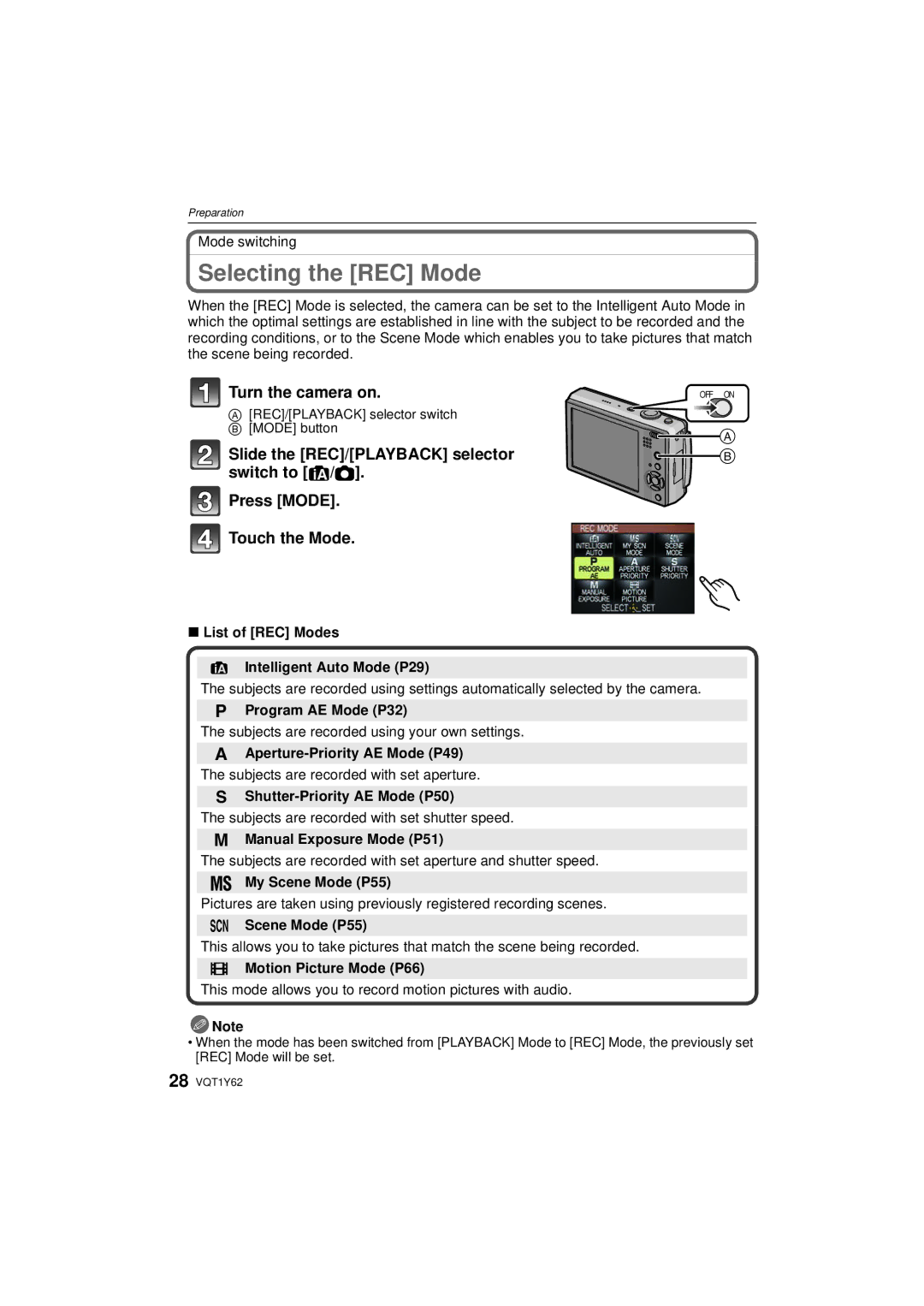 Panasonic DMC-FX580 Selecting the REC Mode, Slide the REC/PLAYBACK selector, Switch to Press Mode Touch the Mode 