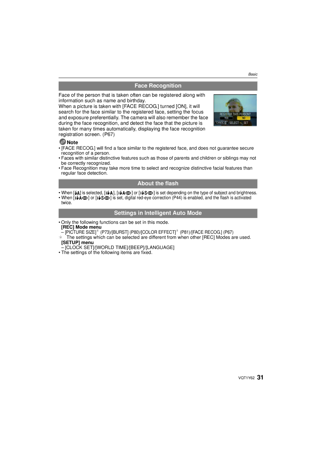 Panasonic DMCFX580S Face Recognition, About the flash, Settings in Intelligent Auto Mode, REC Mode menu, Setup menu 