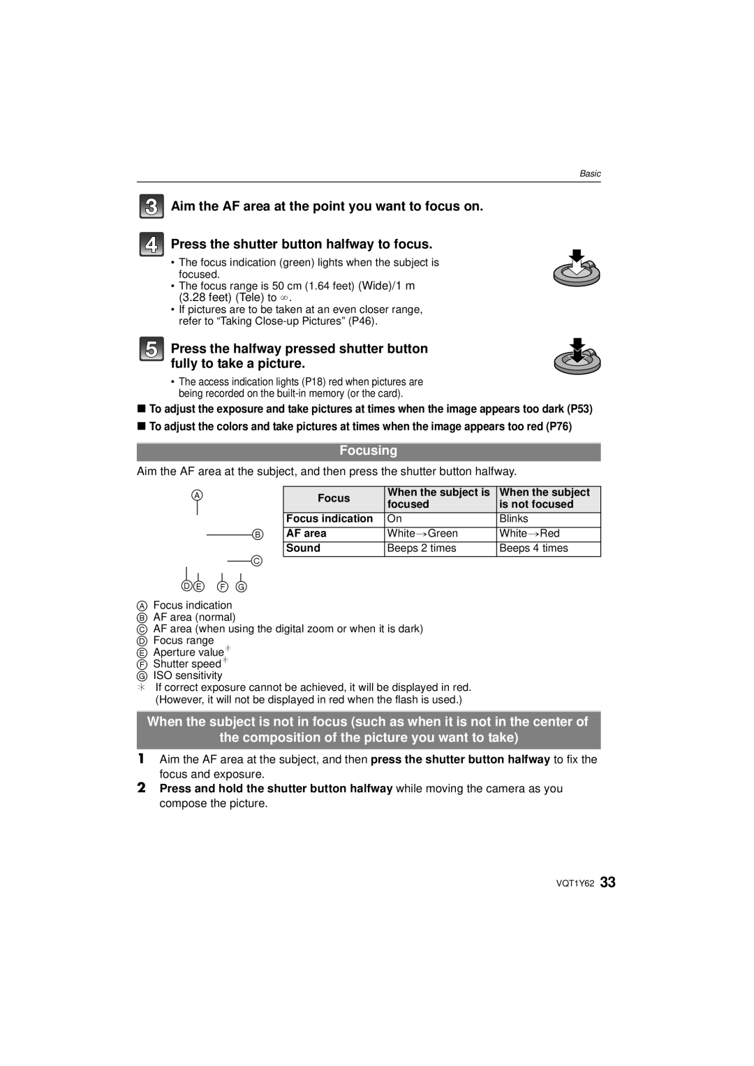 Panasonic DMCFX580S, DMC-FX580 operating instructions Focusing, De F G 