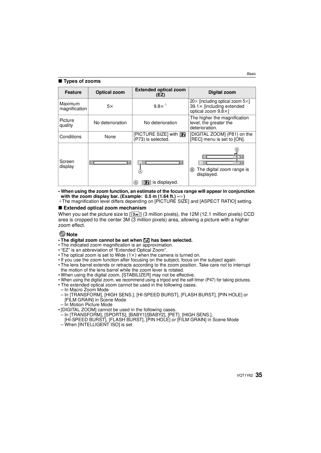 Panasonic DMCFX580S Types of zooms, Extended optical zoom mechanism, Digital zoom cannot be set when õ has been selected 
