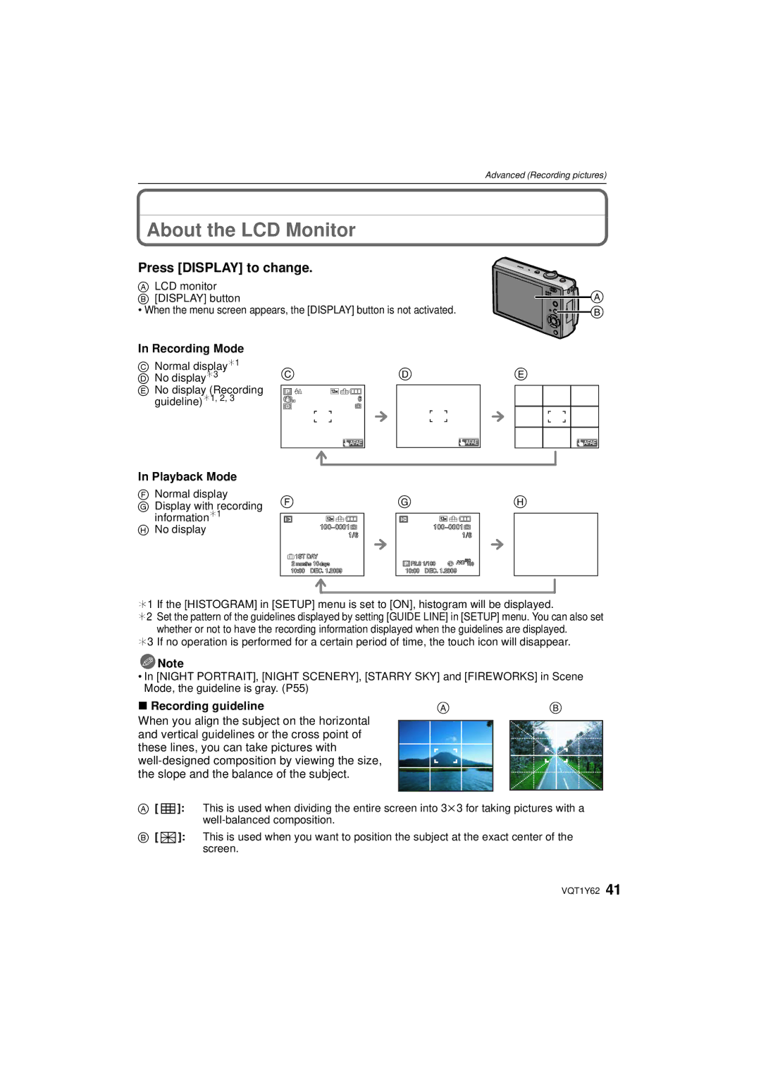 Panasonic DMCFX580S About the LCD Monitor, Press Display to change, Recording Mode, Playback Mode, Recording guideline 