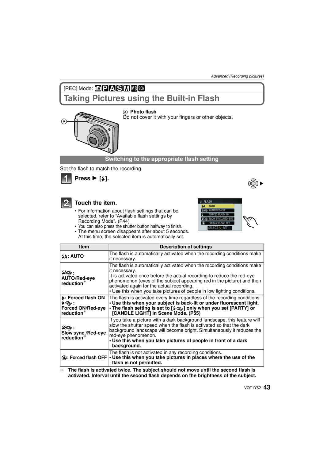 Panasonic DMCFX580S, DMC-FX580 Taking Pictures using the Built-in Flash, Switching to the appropriate flash setting 