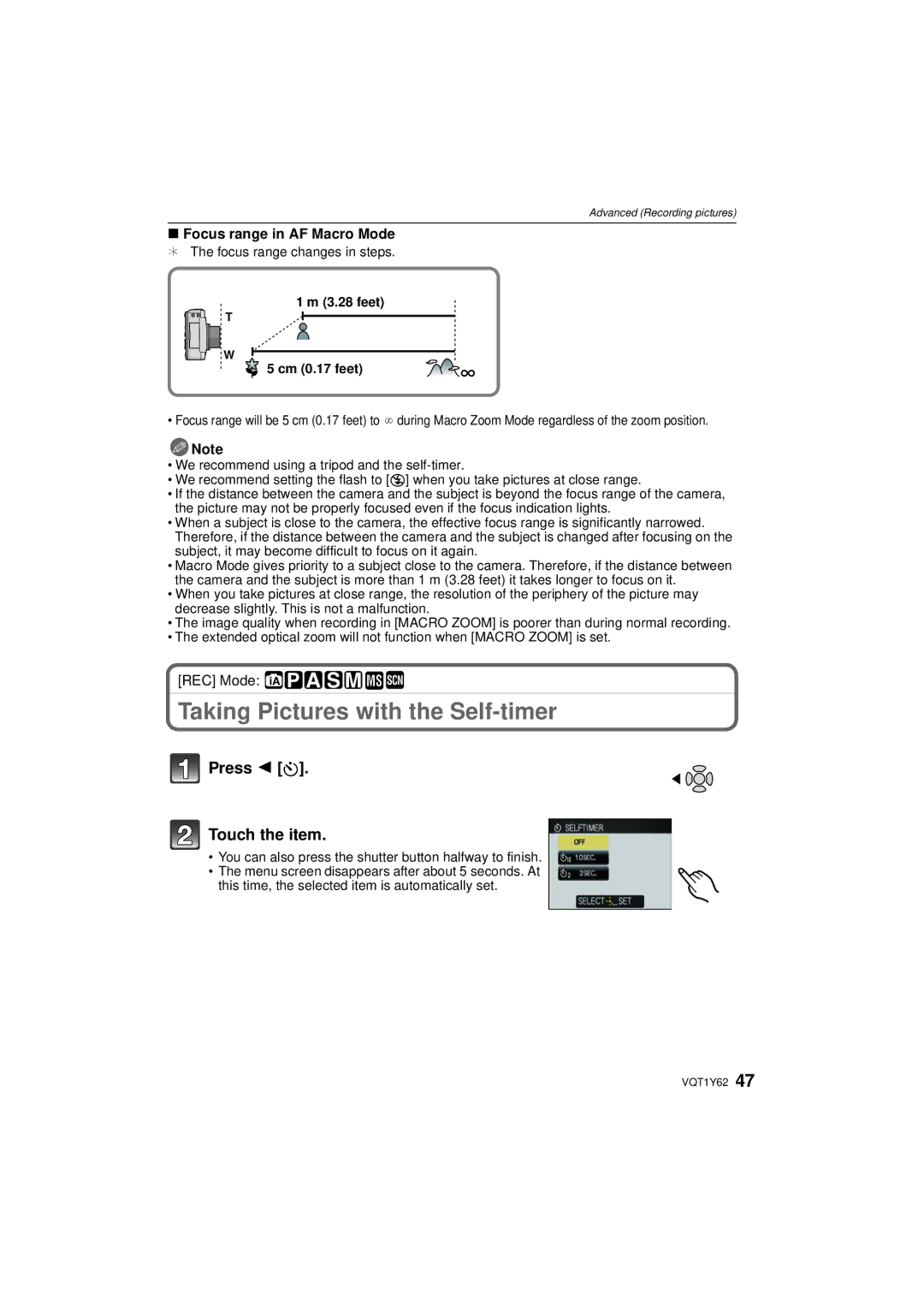 Panasonic DMCFX580S, DMC-FX580 operating instructions Taking Pictures with the Self-timer, Press 2 ë Touch the item 