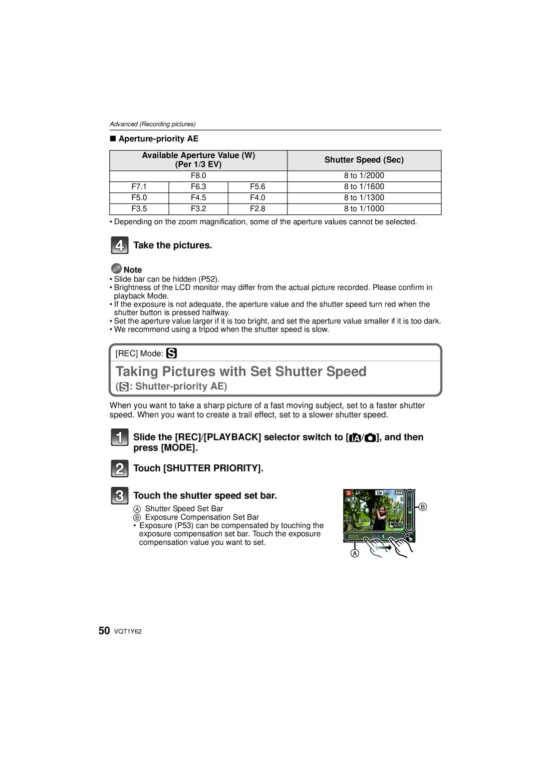 Panasonic DMC-FX580, DMCFX580S Taking Pictures with Set Shutter Speed, Take the pictures, Aperture-priority AE, REC Mode ´ 