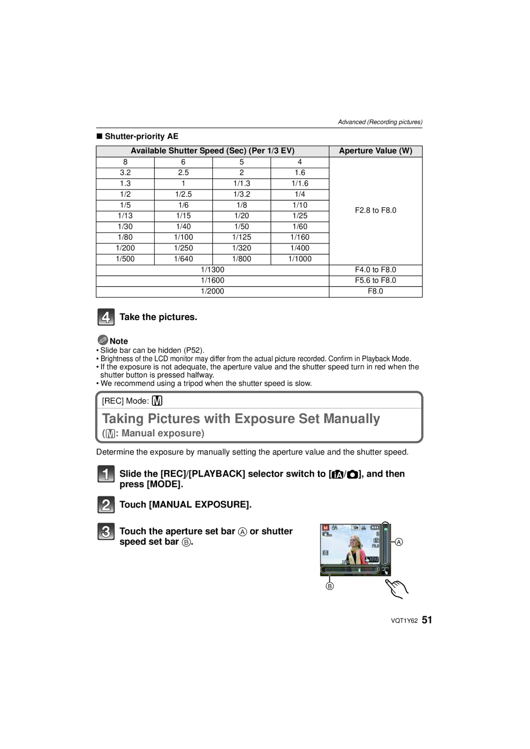 Panasonic DMCFX580S, DMC-FX580 Taking Pictures with Exposure Set Manually, Shutter-priority AE, REC Mode ² 