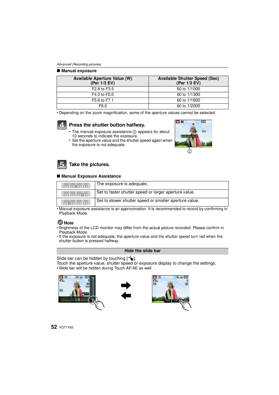 Panasonic DMC-FX580 Press the shutter button halfway, Manual exposure, Manual Exposure Assistance, Hide the slide bar 