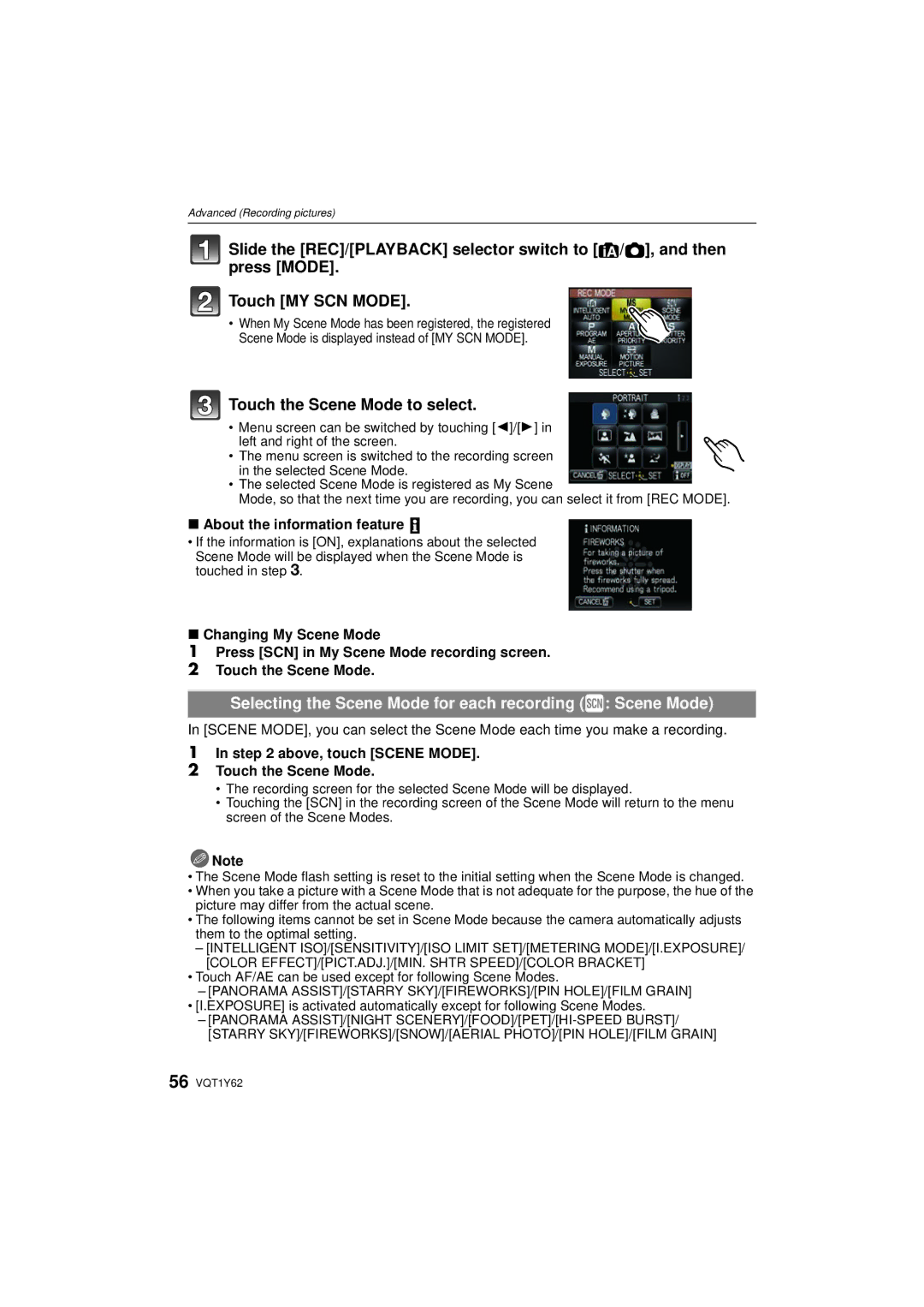 Panasonic DMC-FX580, DMCFX580S Touch the Scene Mode to select, Selecting the Scene Mode for each recording ¿ Scene Mode 