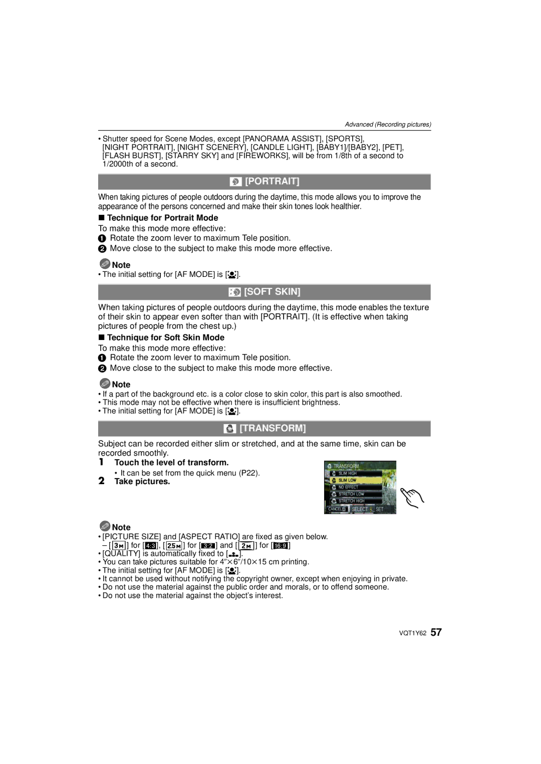 Panasonic DMCFX580S, DMC-FX580 operating instructions Portrait, + Soft Skin, Transform 