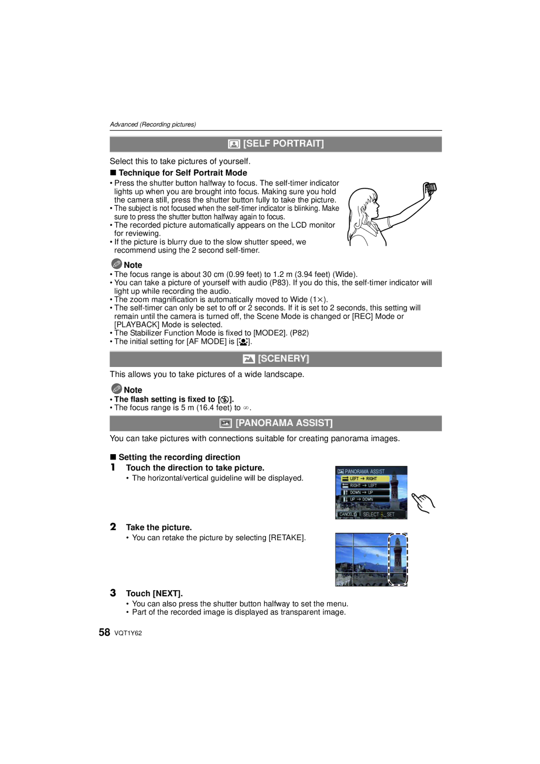 Panasonic DMC-FX580, DMCFX580S operating instructions Self Portrait, Scenery, Panorama Assist 