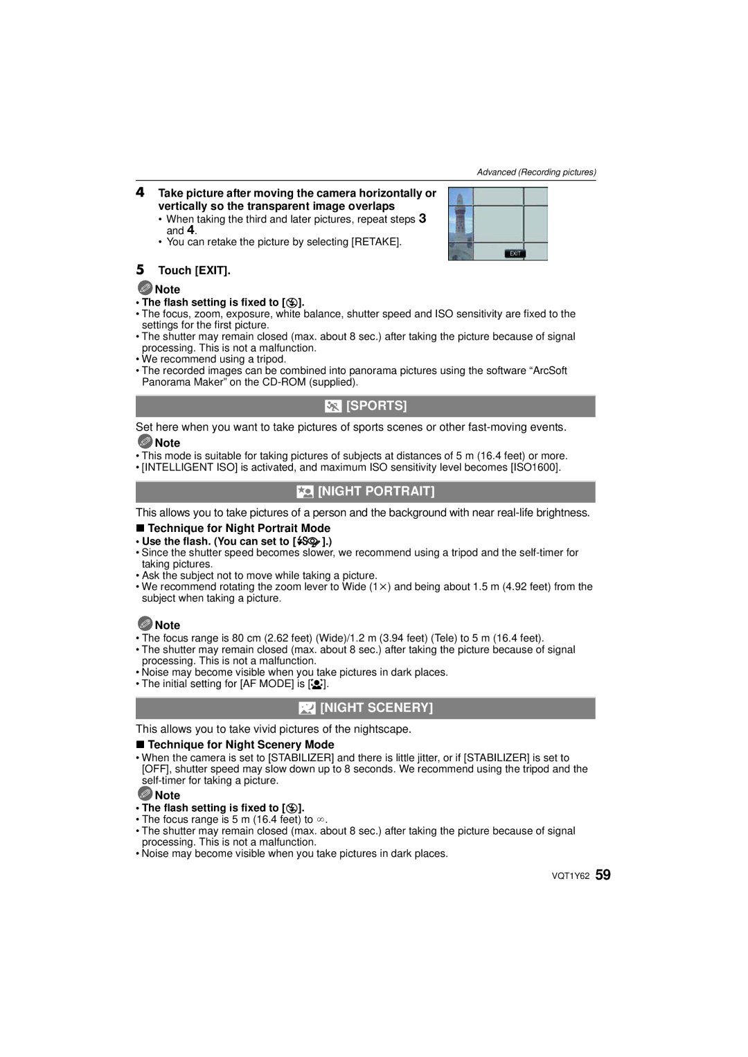 Panasonic DMCFX580S, DMC-FX580 Sports, Night Portrait, Night Scenery, Touch Exit Flash setting is fixed to Œ 