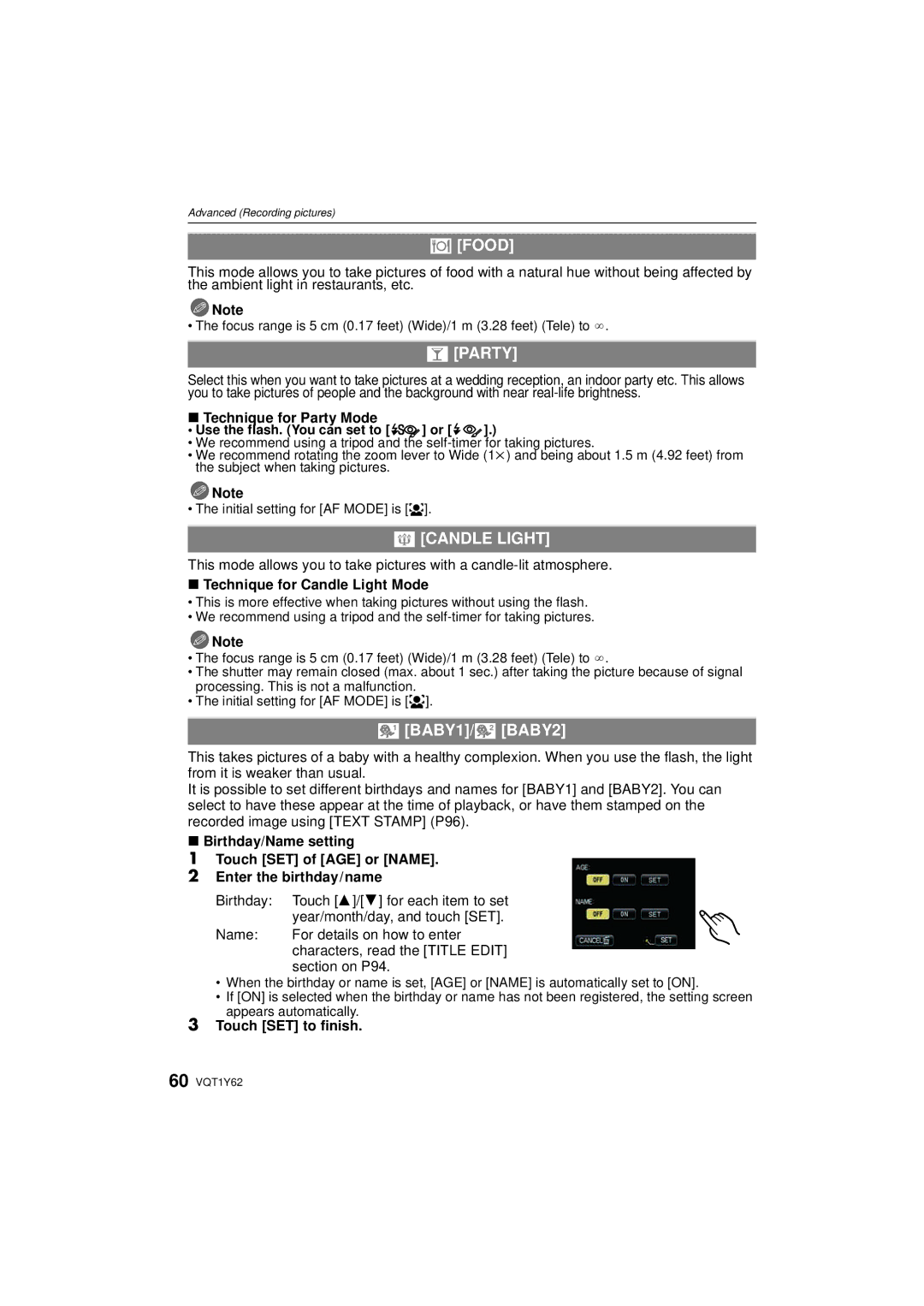 Panasonic DMC-FX580, DMCFX580S operating instructions Food, Party, Candle Light, BABY1/ BABY2 