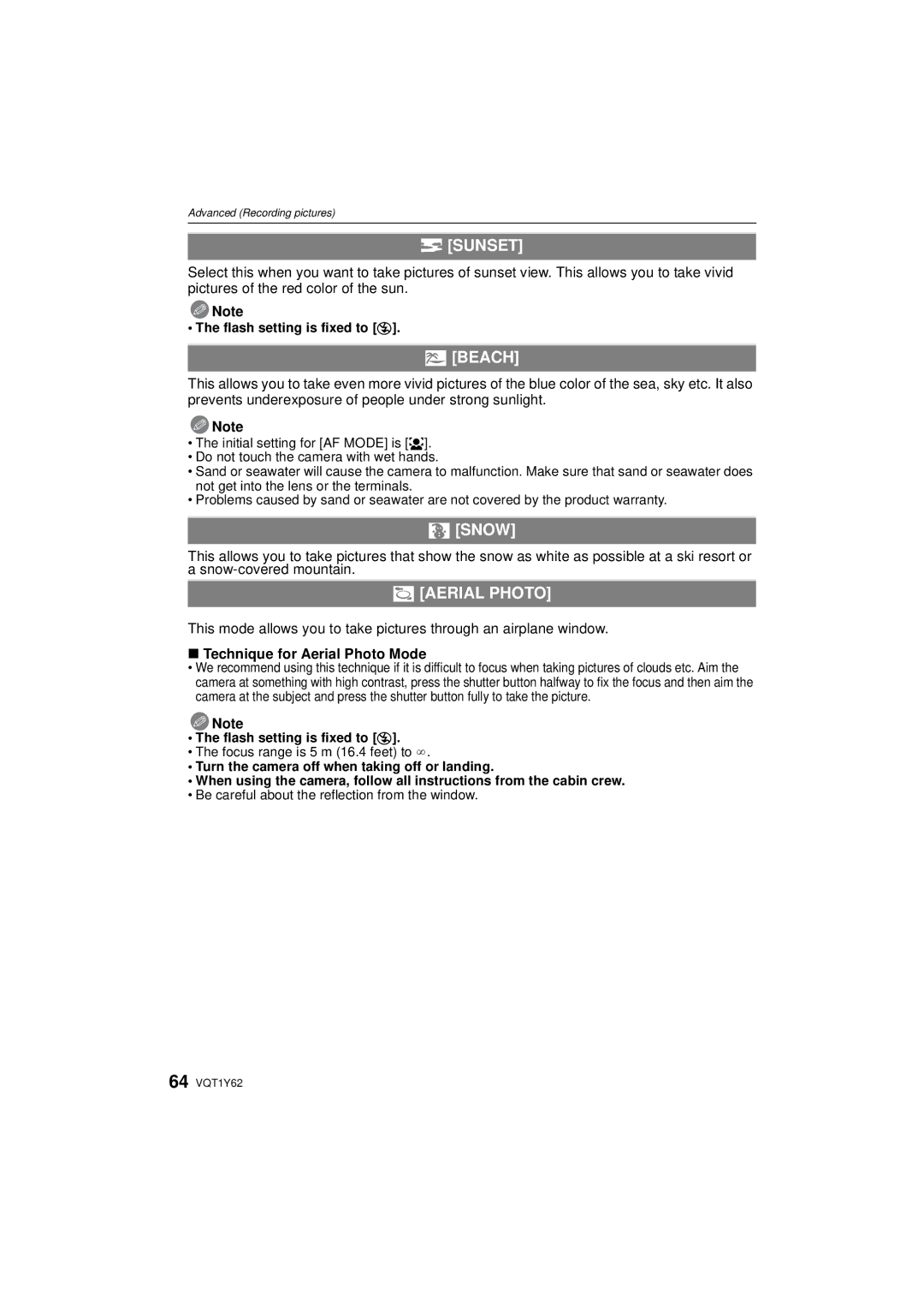 Panasonic DMC-FX580, DMCFX580S operating instructions Sunset, Beach, Snow, Technique for Aerial Photo Mode 
