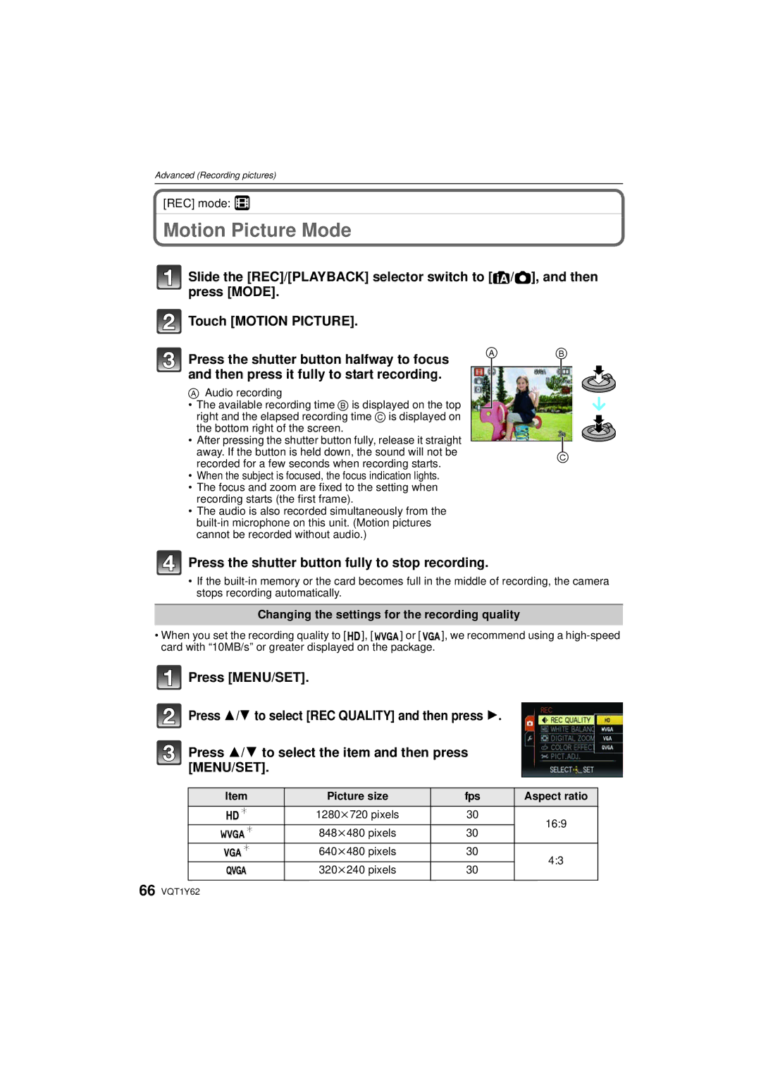 Panasonic DMC-FX580, DMCFX580S Motion Picture Mode, Press the shutter button fully to stop recording, REC mode n 