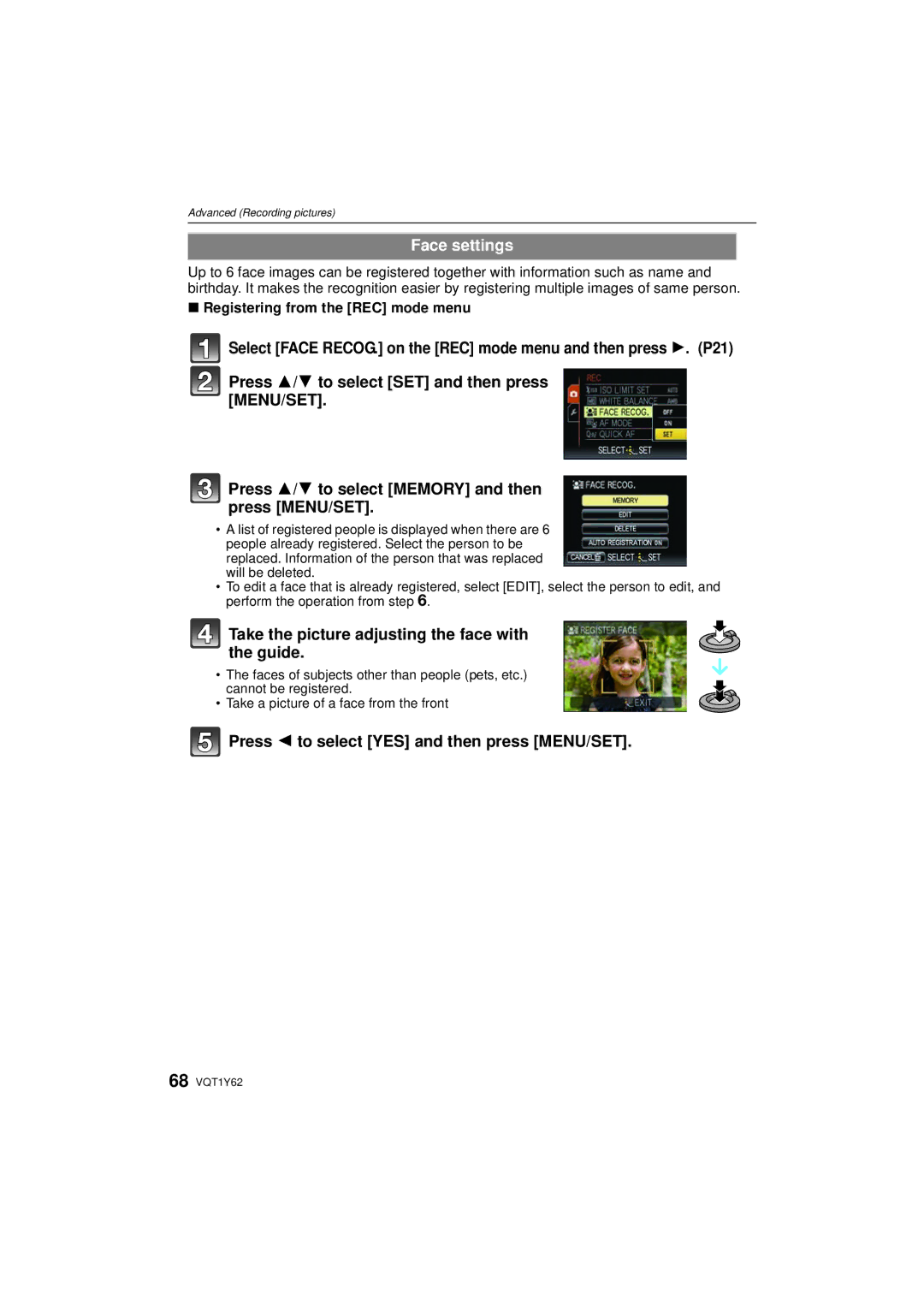 Panasonic DMC-FX580 Face settings, Take the picture adjusting the face with the guide, Registering from the REC mode menu 