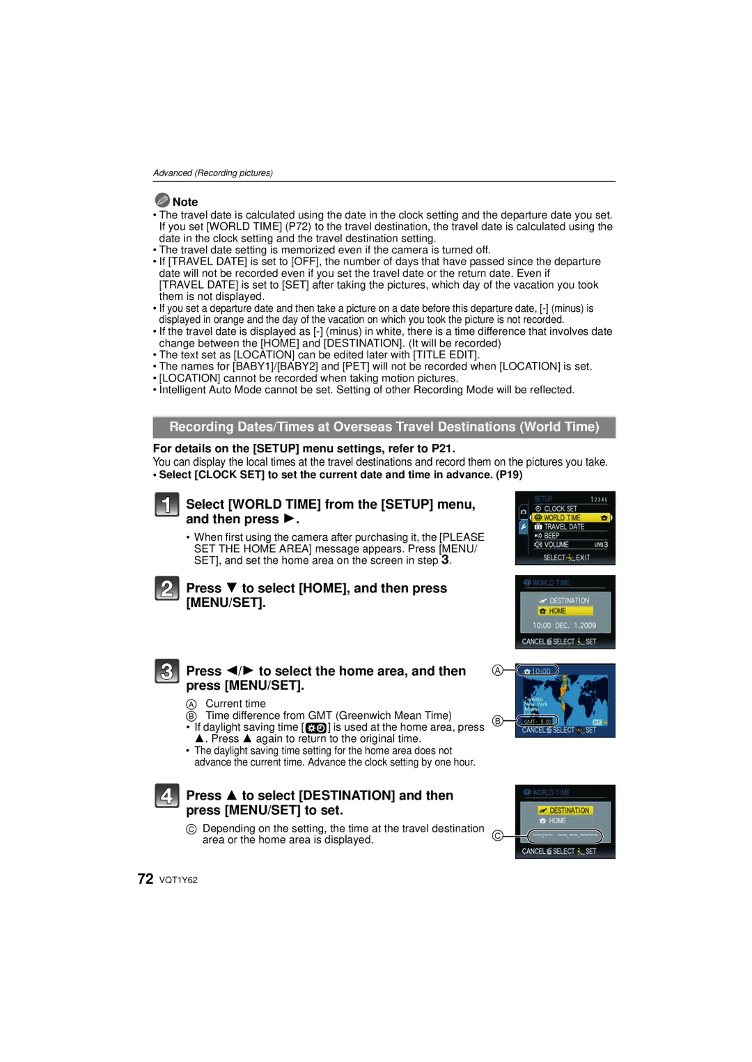 Panasonic DMC-FX580, DMCFX580S Select World Time from the Setup menu, and then press, Area or the home area is displayed 